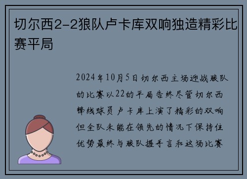 切尔西2-2狼队卢卡库双响独造精彩比赛平局
