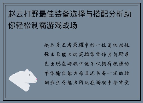 赵云打野最佳装备选择与搭配分析助你轻松制霸游戏战场 赵云打野最佳装备选择与搭配分析助你轻松制霸游戏战场